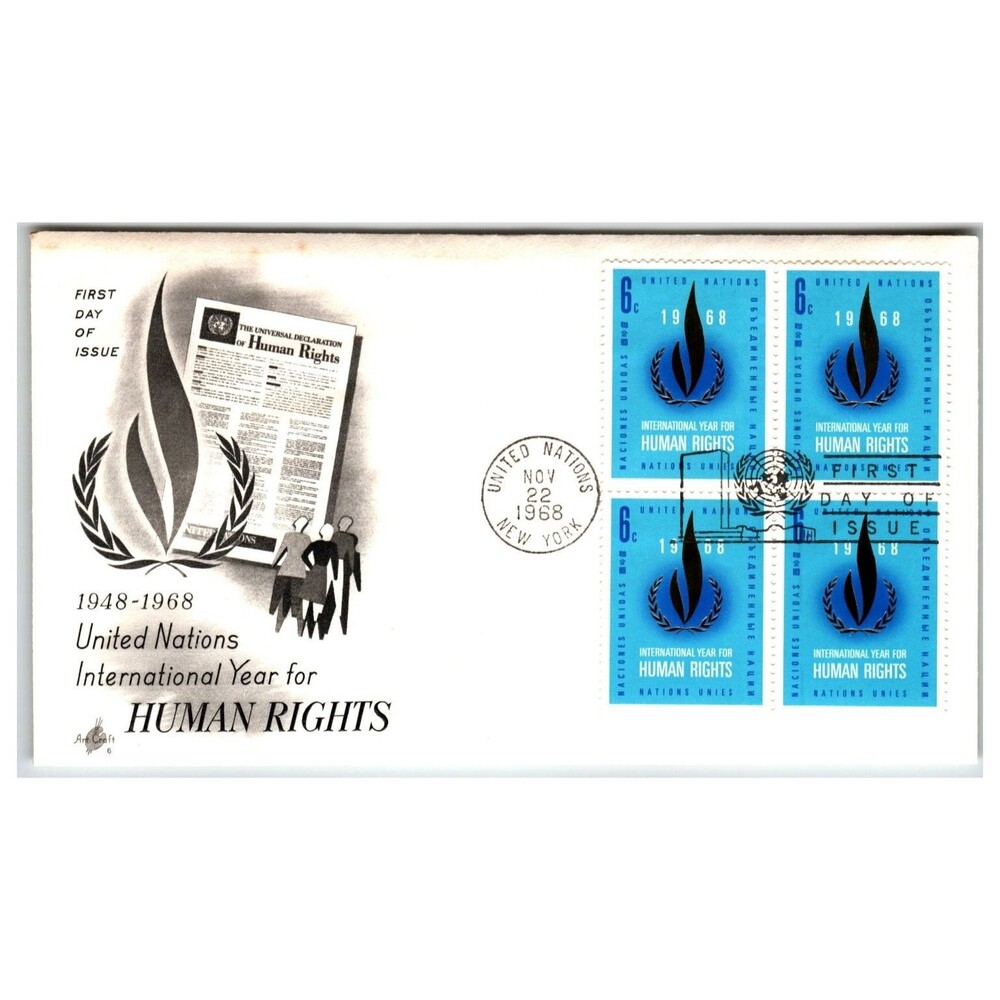 UN First Day Cover 1968 Human Rights Year New York Block 4x Scott #180